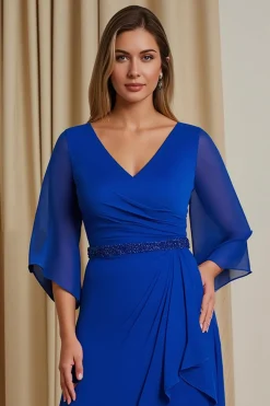 A-Line Royal Blue V-Neck 3/4 Manga Chiffon Mãe do Vestido da Noiva com Folhos