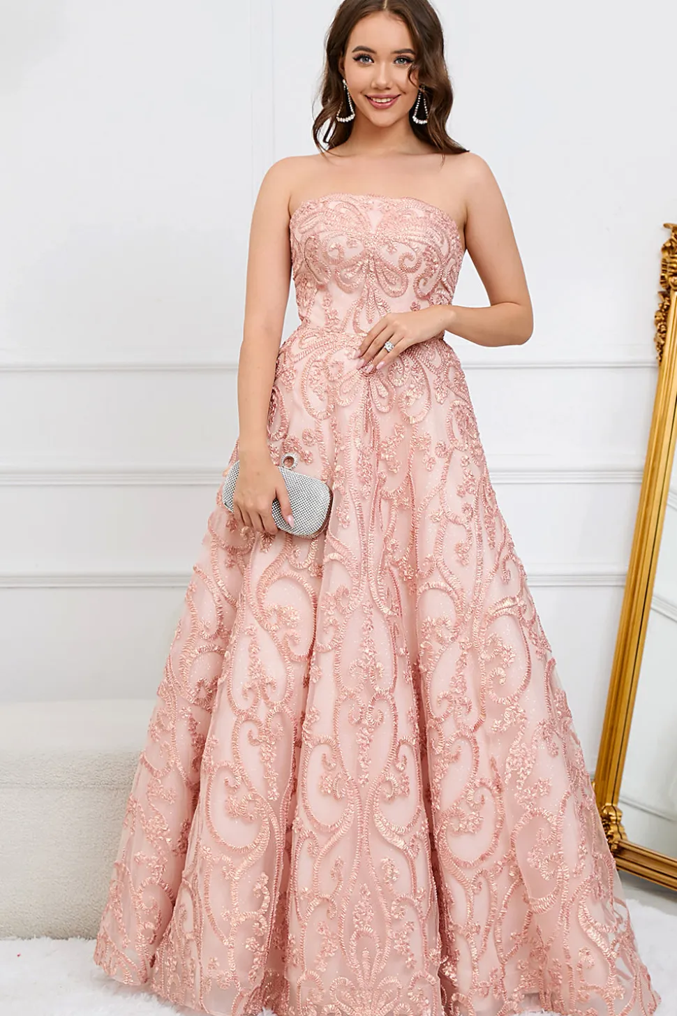 A-Line Sem Cintas Rosa Vestido de Festa com Apliques