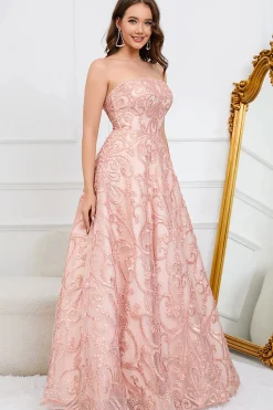 A-Line Sem Cintas Rosa Vestido de Festa com Apliques