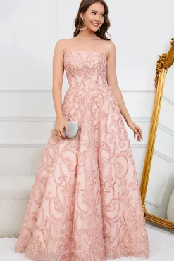 A-Line Sem Cintas Rosa Vestido de Festa com Apliques