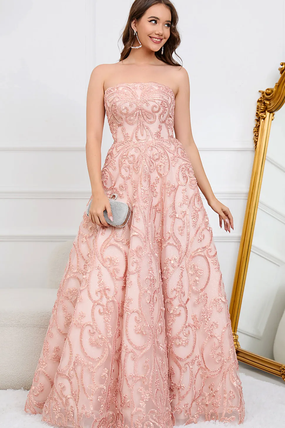 A-Line Sem Cintas Rosa Vestido de Festa com Apliques