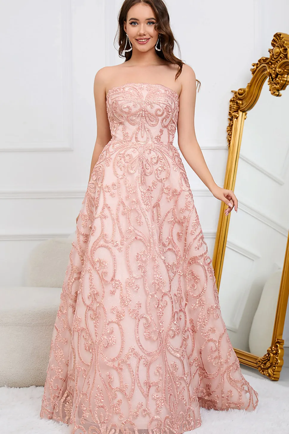 A-Line Sem Cintas Rosa Vestido de Festa com Apliques