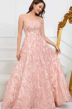 A-Line Sem Cintas Rosa Vestido de Festa com Apliques