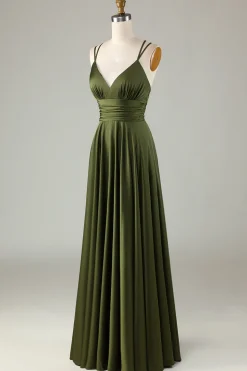 A-Line sem mangas Vestido Longo Oliva Para Dama de Honra