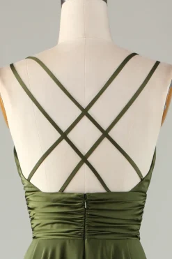 A-Line sem mangas Vestido Longo Oliva Para Dama de Honra