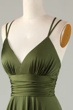 A-Line sem mangas Vestido Longo Oliva Para Dama de Honra