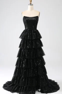 A-Line Sequins Preto Tiered Prom Dress com Fenda
