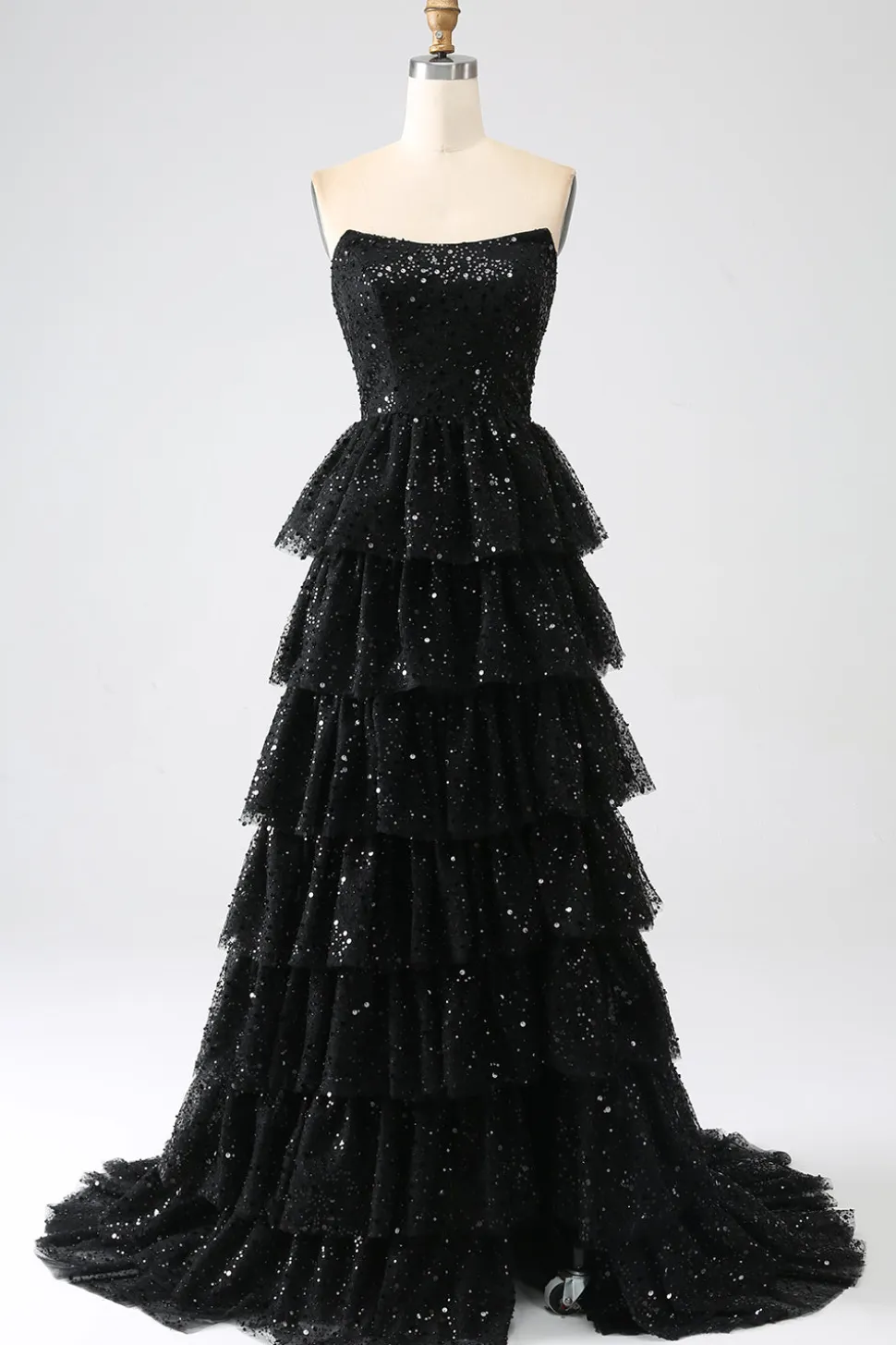 A-Line Sequins Preto Tiered Prom Dress com Fenda