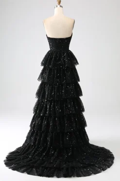 A-Line Sequins Preto Tiered Prom Dress com Fenda