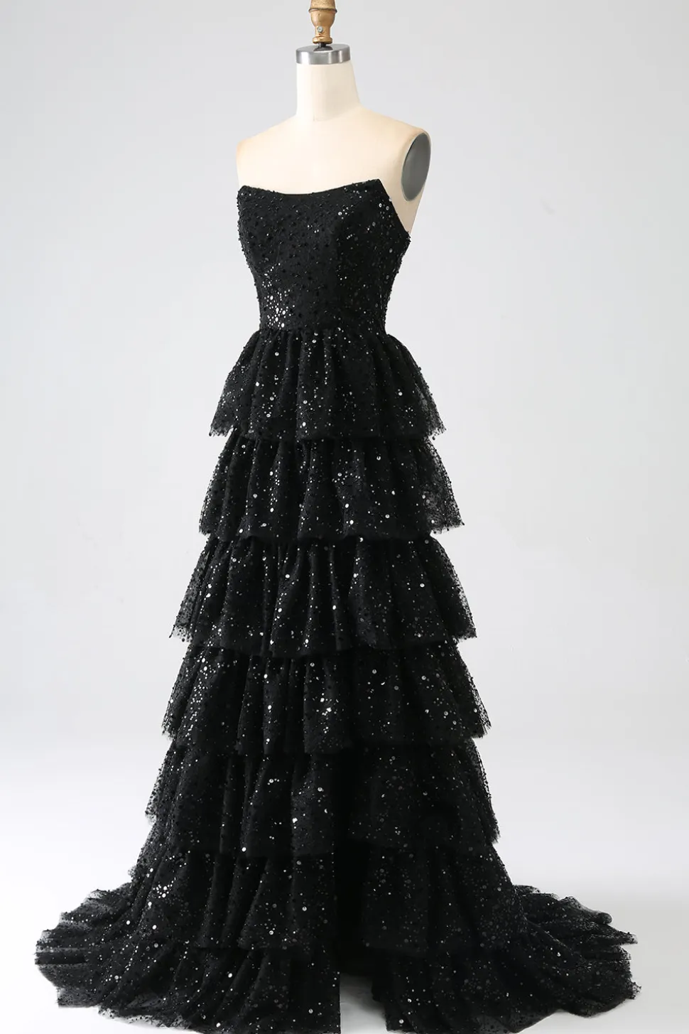 A-Line Sequins Preto Tiered Prom Dress com Fenda