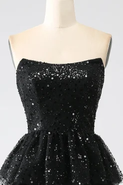 A-Line Sequins Preto Tiered Prom Dress com Fenda