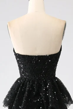 A-Line Sequins Preto Tiered Prom Dress com Fenda