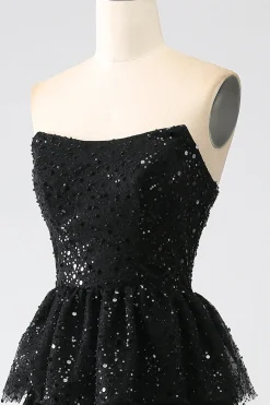 A-Line Sequins Preto Tiered Prom Dress com Fenda