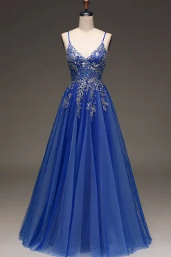 A-Line Sequins Royal Blue Prom Vestido com Apliques