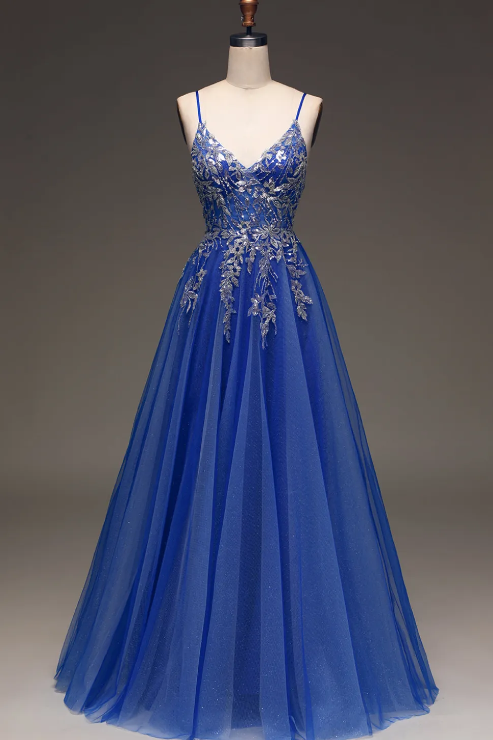 A-Line Sequins Royal Blue Prom Vestido com Apliques