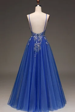A-Line Sequins Royal Blue Prom Vestido com Apliques
