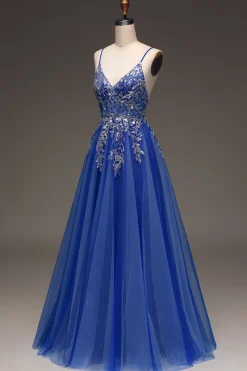A-Line Sequins Royal Blue Prom Vestido com Apliques