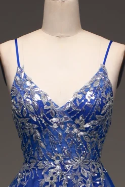 A-Line Sequins Royal Blue Prom Vestido com Apliques