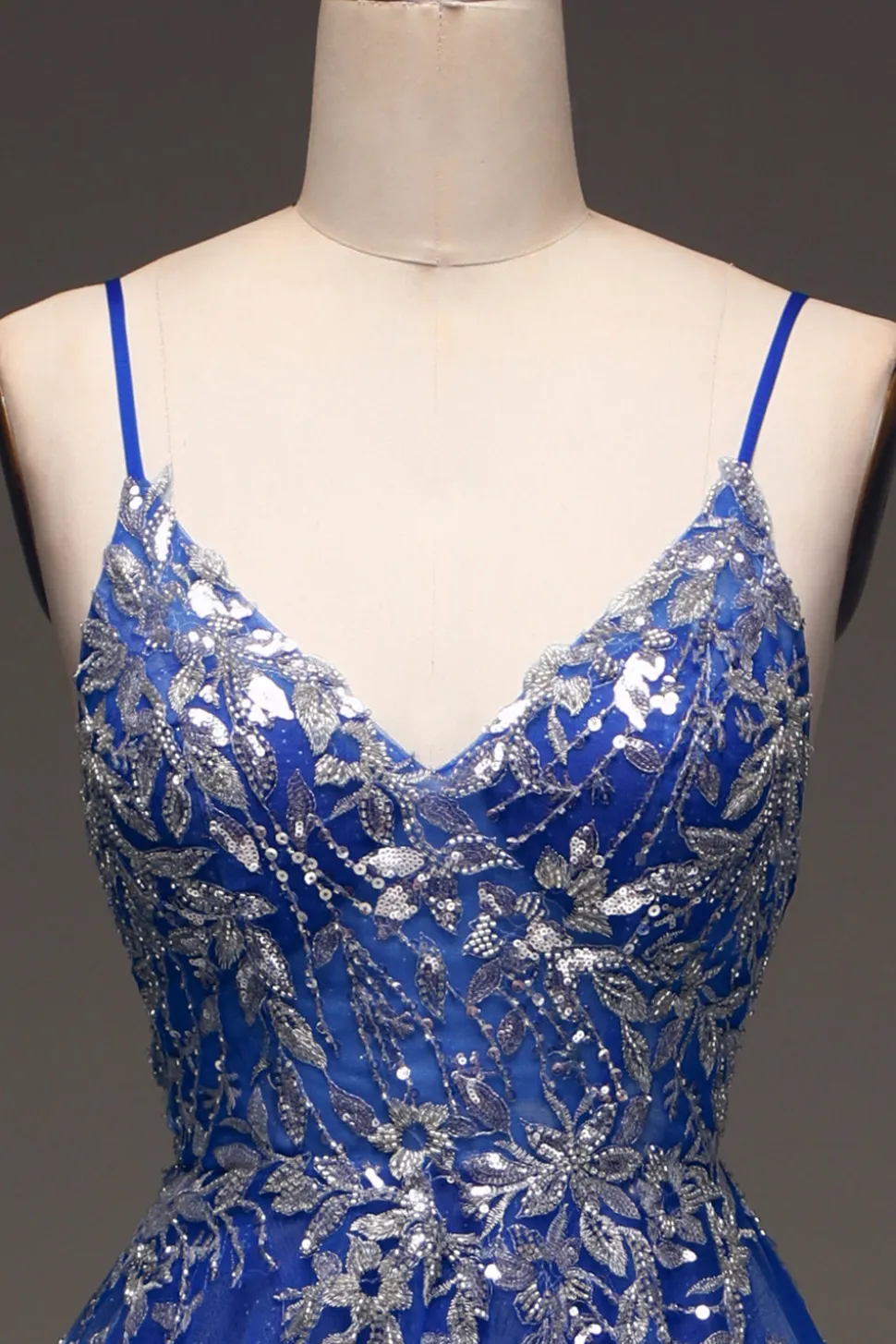 A-Line Sequins Royal Blue Prom Vestido com Apliques