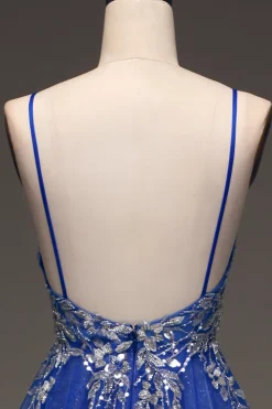 A-Line Sequins Royal Blue Prom Vestido com Apliques