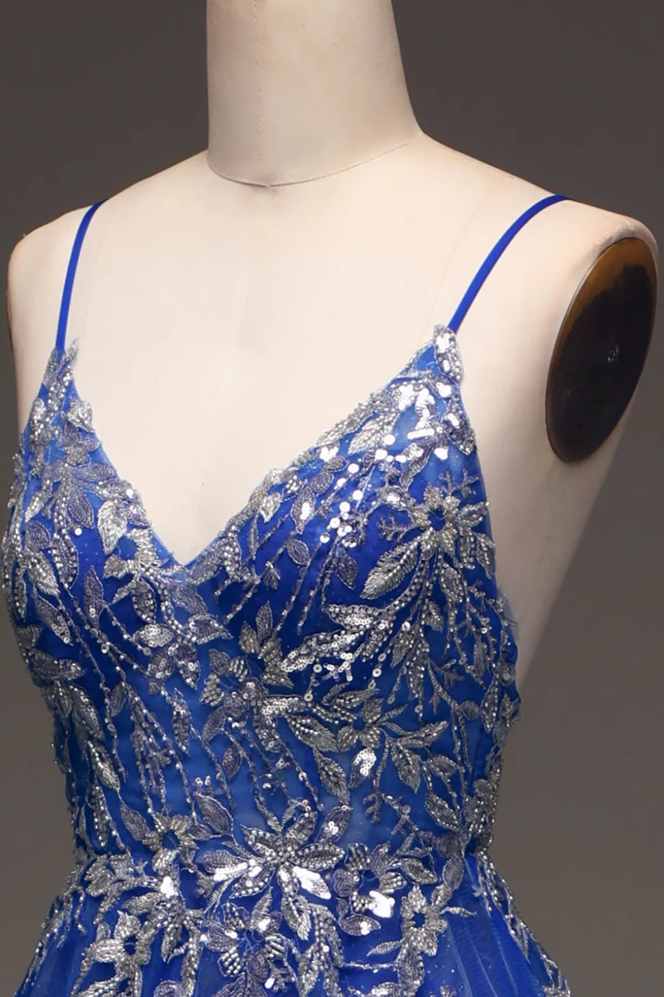 A-Line Sequins Royal Blue Prom Vestido com Apliques