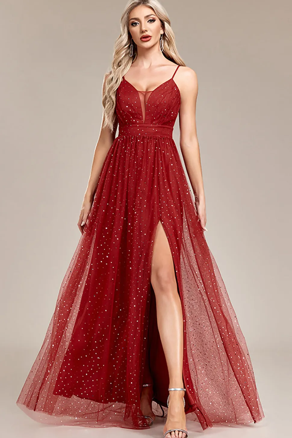 A-Line Sequins Rust Prom Vestido com Fenda