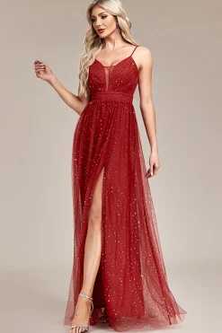 A-Line Sequins Rust Prom Vestido com Fenda