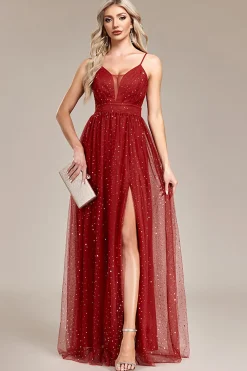 A-Line Sequins Rust Prom Vestido com Fenda