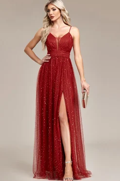 A-Line Sequins Rust Prom Vestido com Fenda
