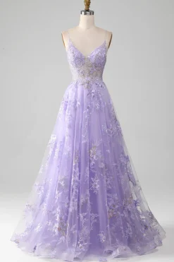 A-Line Sequins Vestido de baile roxo com bordado