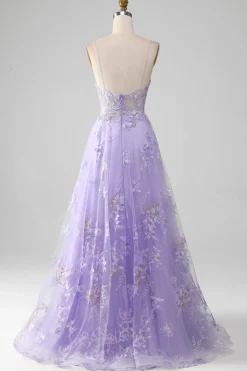 A-Line Sequins Vestido de baile roxo com bordado