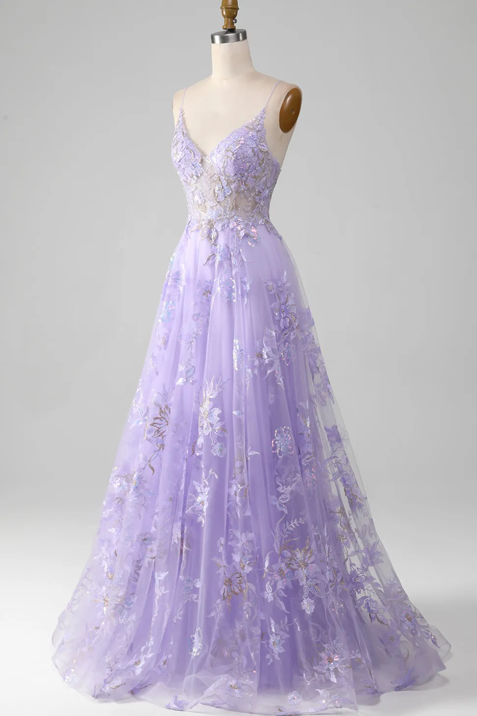 A-Line Sequins Vestido de baile roxo com bordado