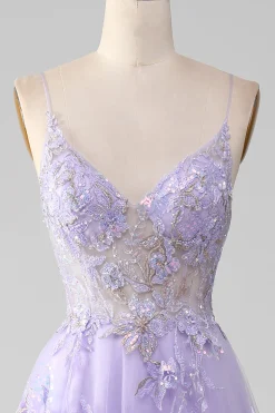 A-Line Sequins Vestido de baile roxo com bordado