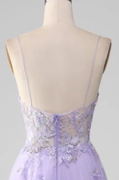 A-Line Sequins Vestido de baile roxo com bordado