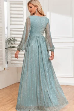 A-Line Sequins vestido formal azul com mangas compridas