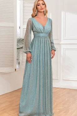 A-Line Sequins vestido formal azul com mangas compridas