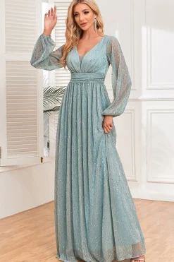 A-Line Sequins vestido formal azul com mangas compridas