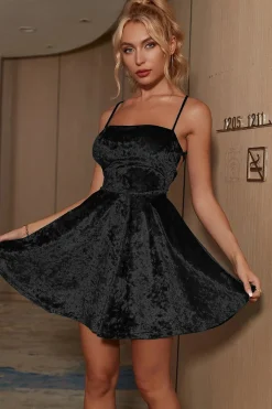 A-line Spaghetti Strap Preto Vestido Curto de Festa