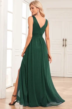 A-Line Sparkly V-Neck vestido de baile verde escuro com fenda