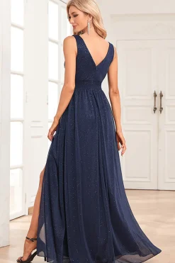 A-Line Sparkly V-Neck vestido de baile verde escuro com fenda