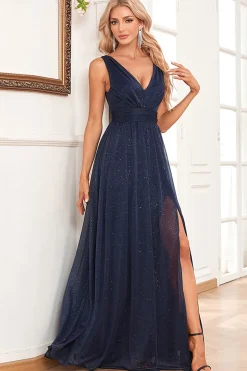A-Line Sparkly V-Neck vestido de baile verde escuro com fenda