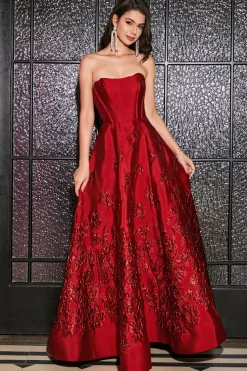 A-Line Strapless elegante princesa vermelho escuro longo vestido de baile com flores 3D