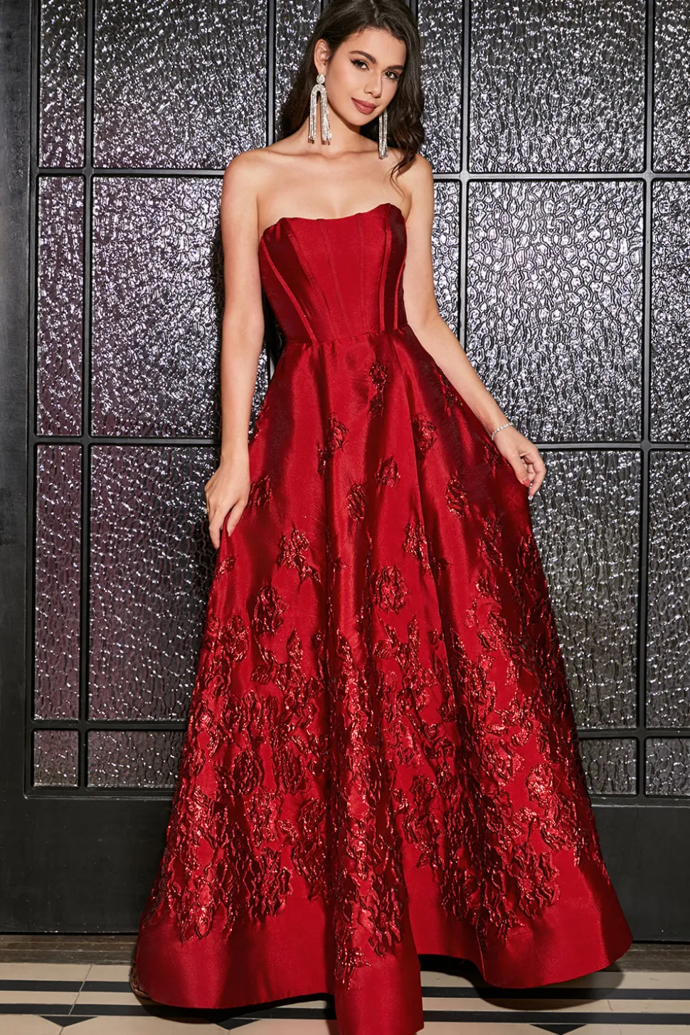 A-Line Strapless elegante princesa vermelho escuro longo vestido de baile com flores 3D