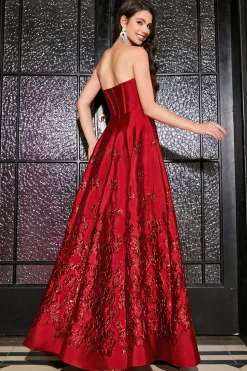 A-Line Strapless elegante princesa vermelho escuro longo vestido de baile com flores 3D