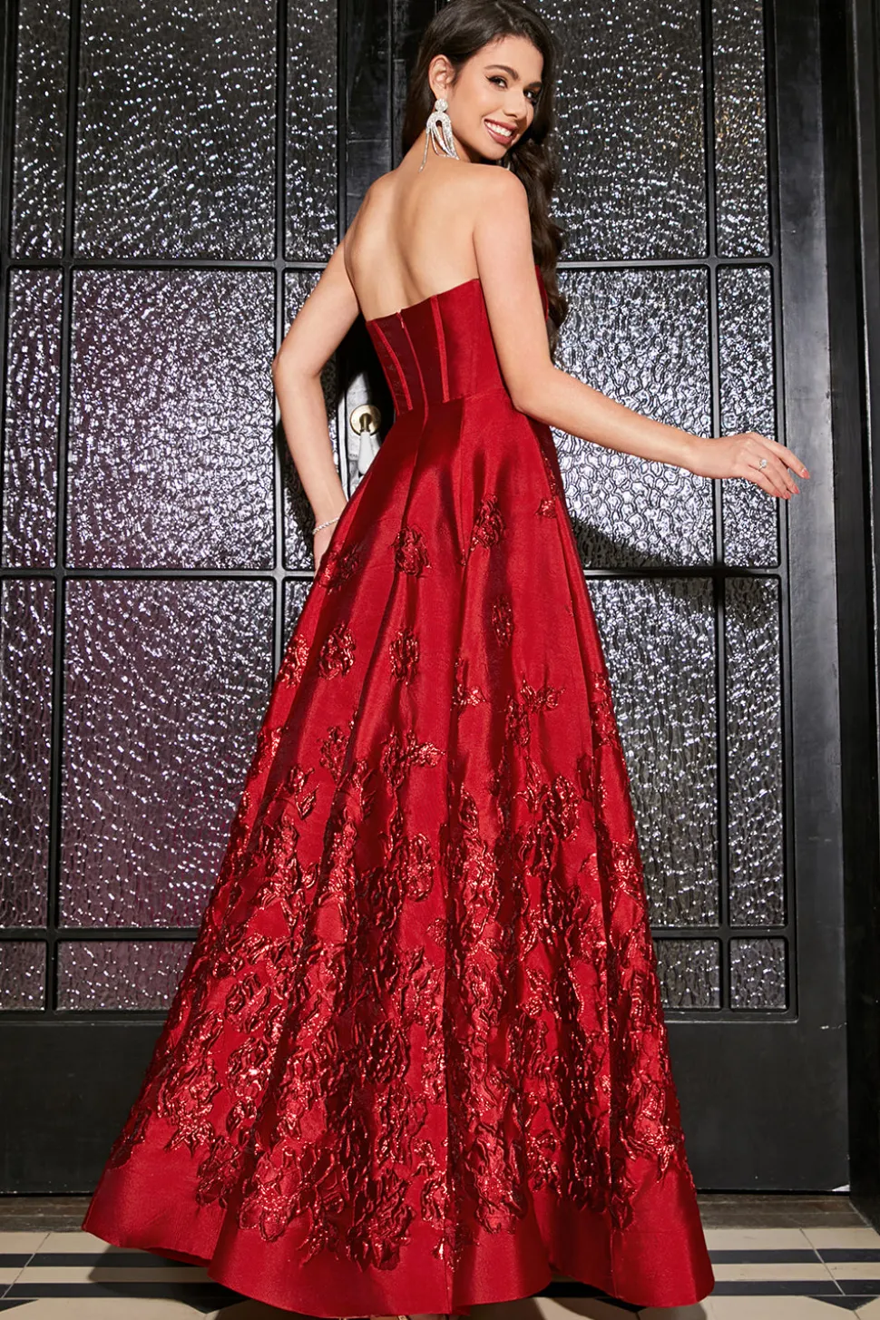 A-Line Strapless elegante princesa vermelho escuro longo vestido de baile com flores 3D
