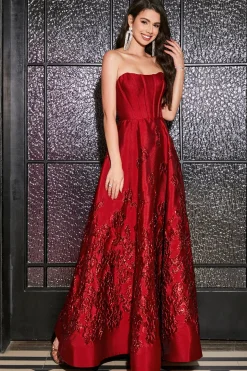 A-Line Strapless elegante princesa vermelho escuro longo vestido de baile com flores 3D