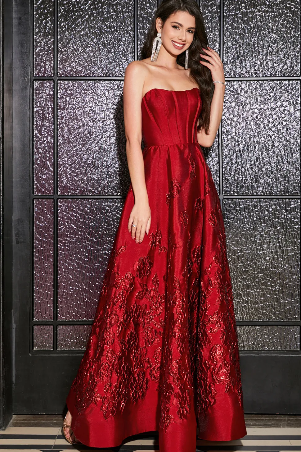 A-Line Strapless elegante princesa vermelho escuro longo vestido de baile com flores 3D