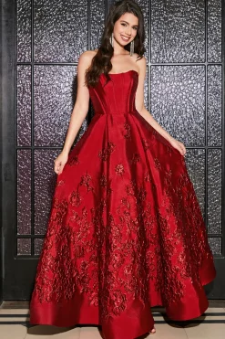 A-Line Strapless elegante princesa vermelho escuro longo vestido de baile com flores 3D