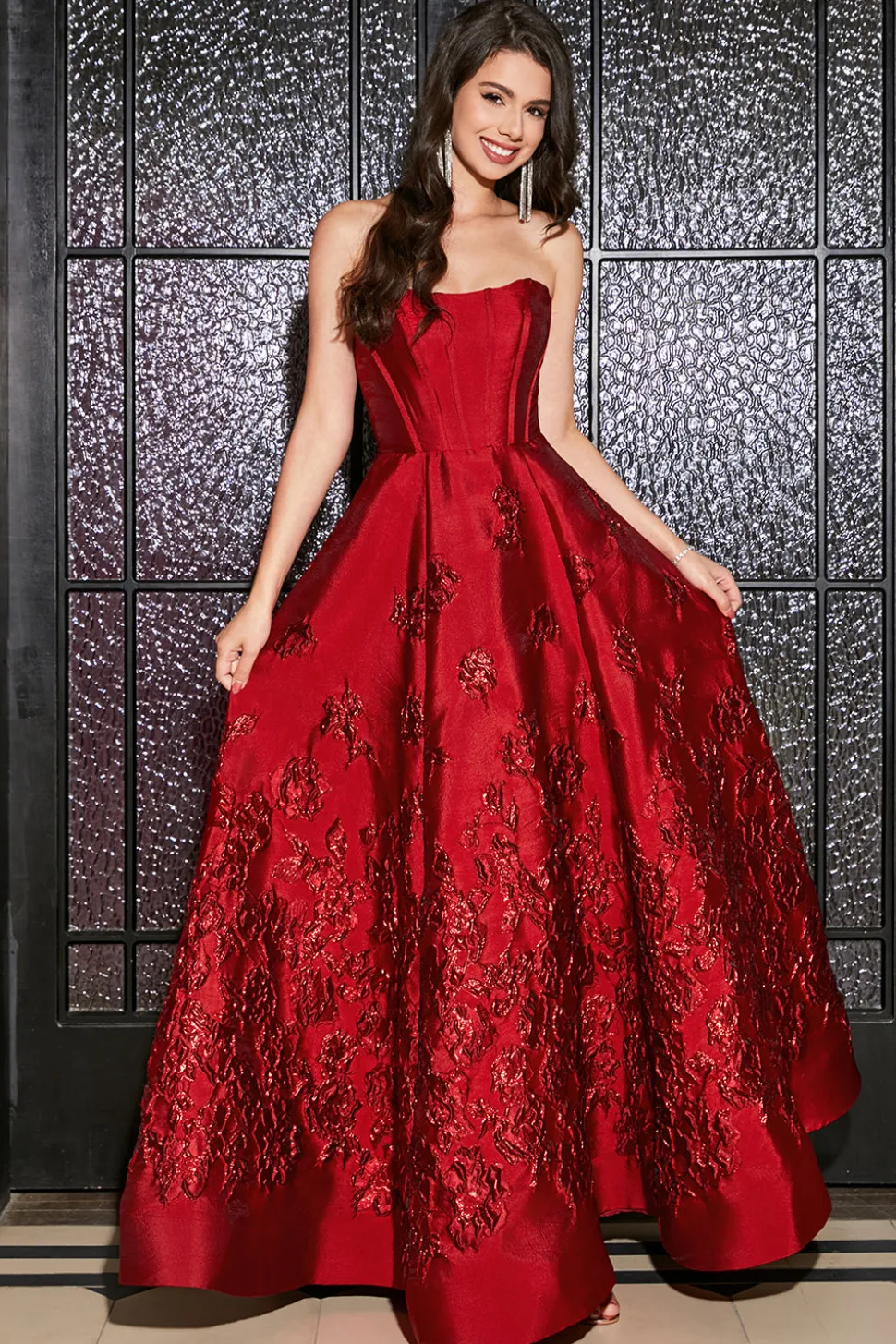 A-Line Strapless elegante princesa vermelho escuro longo vestido de baile com flores 3D