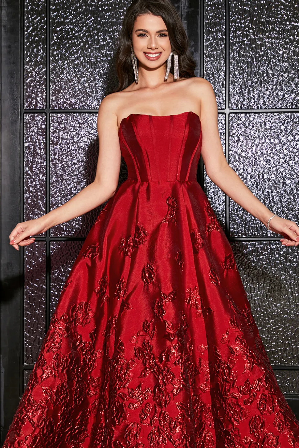 A-Line Strapless elegante princesa vermelho escuro longo vestido de baile com flores 3D